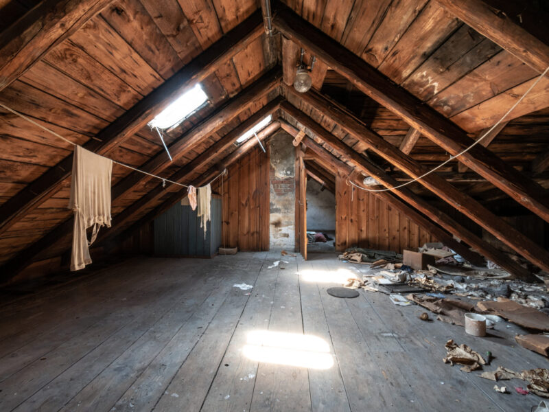 Attic room with clothesline, wooden trim and junk on the floor