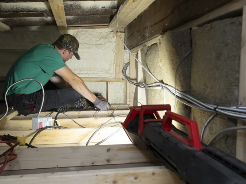 Technician in a green shirt and work gloves crouched in an insulated attic or crawlspace, working on wiring between exposed wooden ceiling joists with a red work light in the foreground.